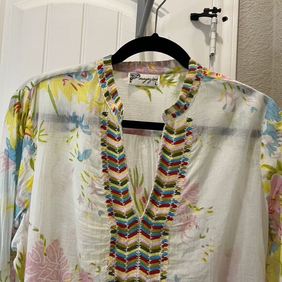 Magazine Floral Sheer Boho Embroidered V Neck Blouse Top Size L Roll Tab Sleeve - Picture 2 of 11